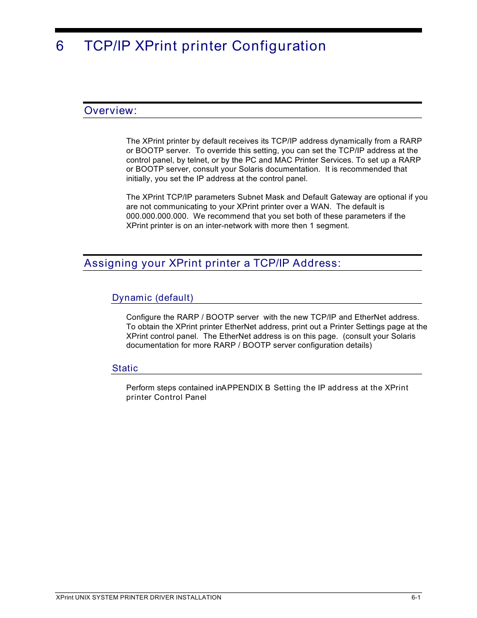 6 tcp/ip xprint printer configuration, Overview, Assigning your xprint printer a tcp/ip address | Xerox 701P91273 User Manual | Page 17 / 52