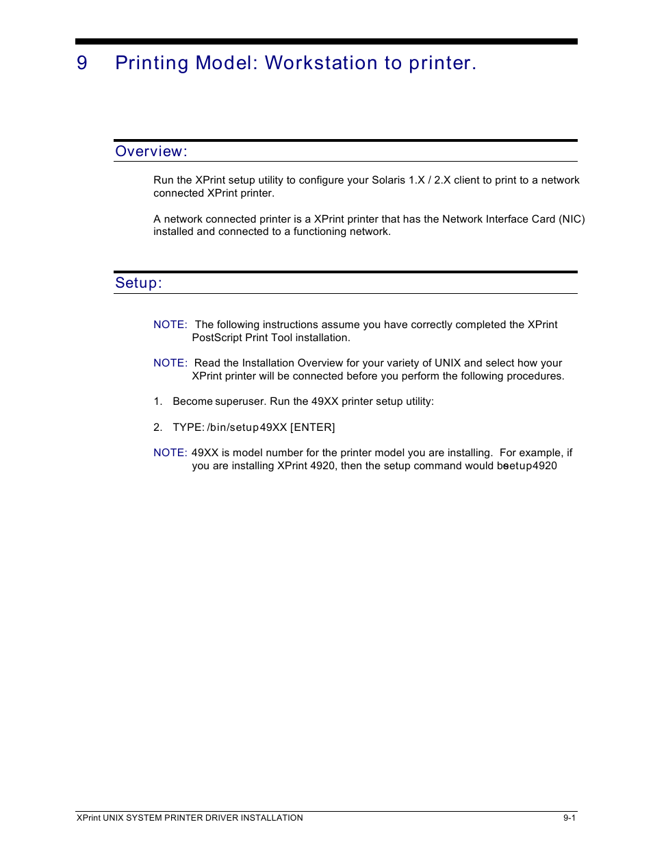 9 printing model: workstation to printer, Overview, Setup | Xerox 701P91273 User Manual | Page 23 / 52