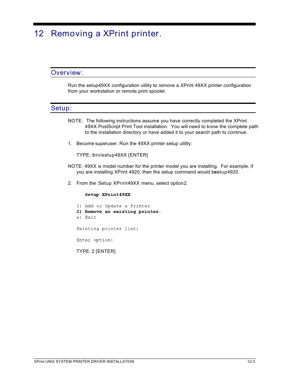 12 removing a xprint printer, Overview, Setup | Xerox 701P91273 User Manual | Page 29 / 52