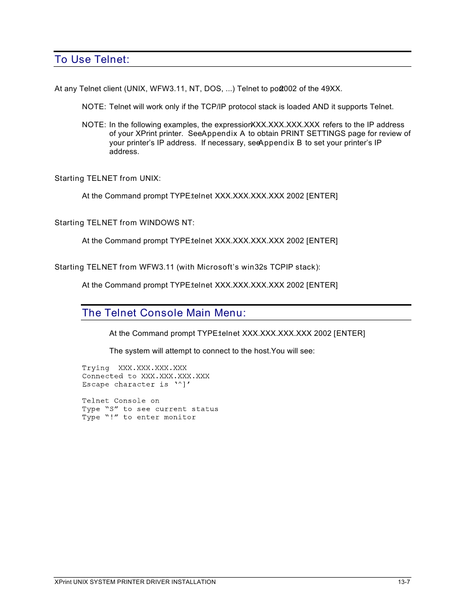 The telnet console main menu | Xerox 701P91273 User Manual | Page 33 / 52
