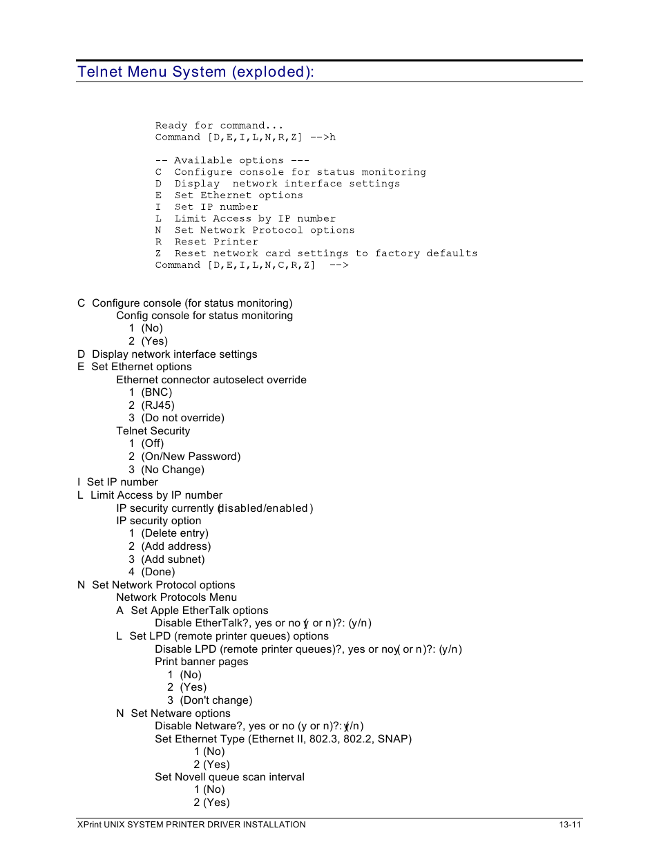 Telnet menu system (exploded) | Xerox 701P91273 User Manual | Page 37 / 52