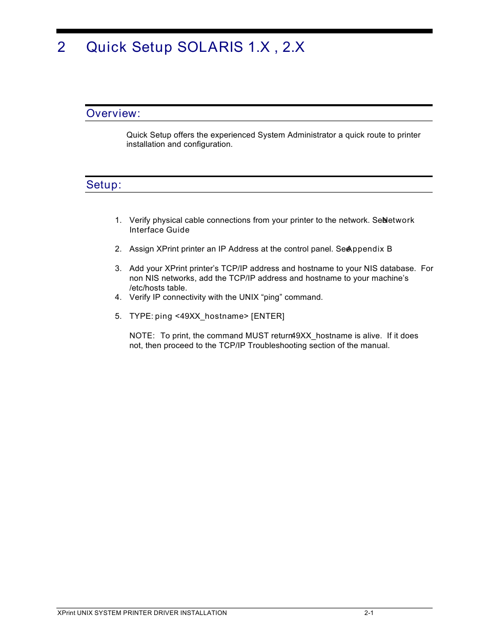2 quick setup solaris 1.x , 2.x, Overview, Setup | Xerox 701P91273 User Manual | Page 9 / 52