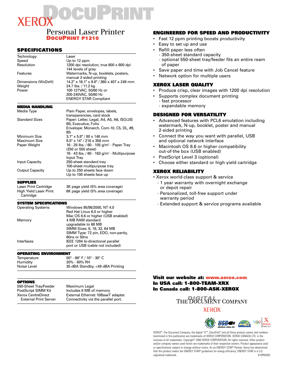 Rint, Personal laser printer | Xerox DocuPrint P1210 User Manual | Page 2 / 2