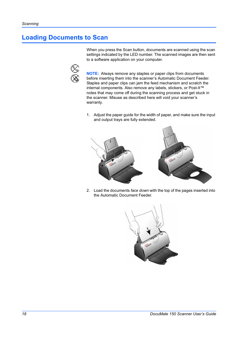 Loading documents to scan | Xerox 150 User Manual | Page 23 / 94