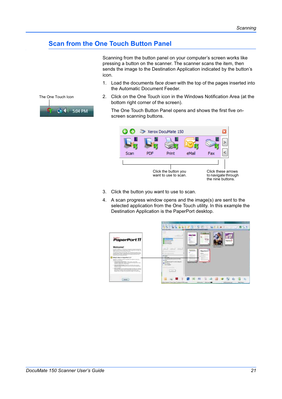 Scan from the one touch button panel | Xerox 150 User Manual | Page 26 / 94