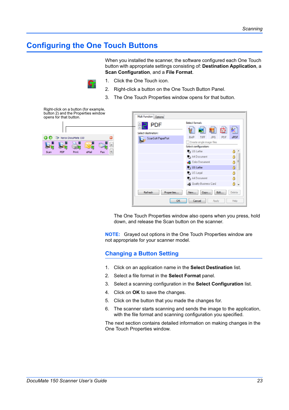 Configuring the one touch buttons, Changing a button setting | Xerox 150 User Manual | Page 28 / 94