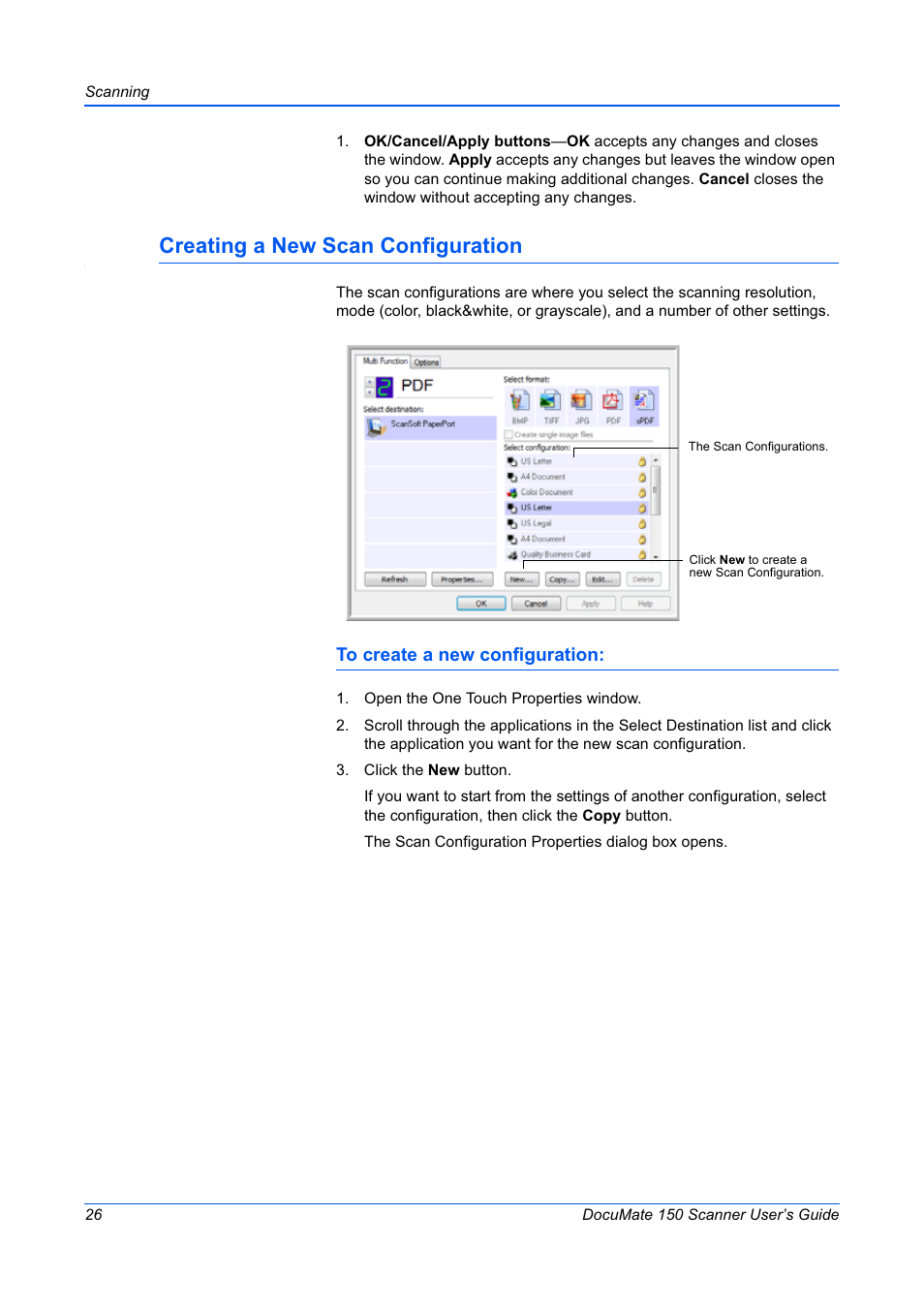 Creating a new scan configuration | Xerox 150 User Manual | Page 31 / 94