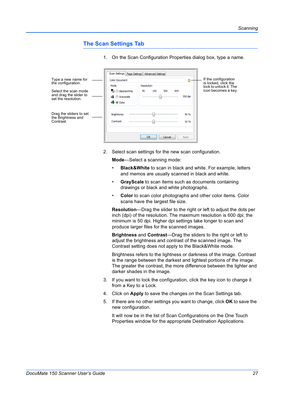 The scan settings tab | Xerox 150 User Manual | Page 32 / 94