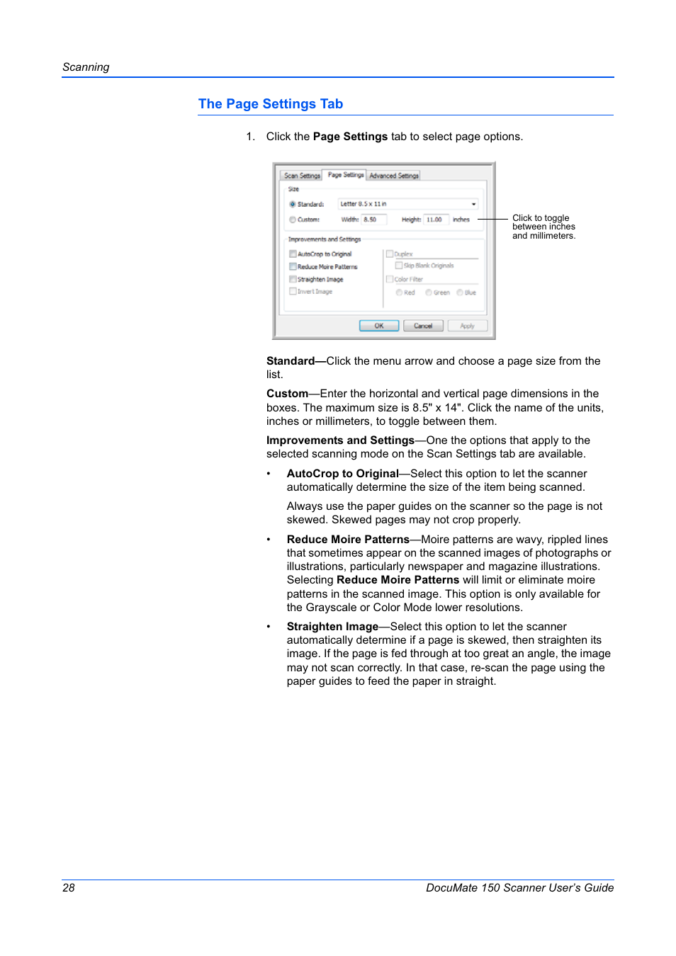 The page settings tab | Xerox 150 User Manual | Page 33 / 94