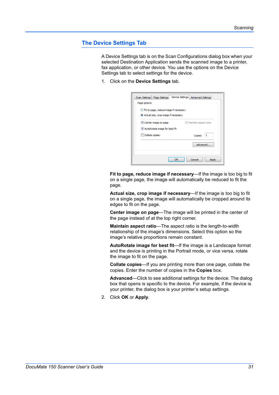 The device settings tab | Xerox 150 User Manual | Page 36 / 94