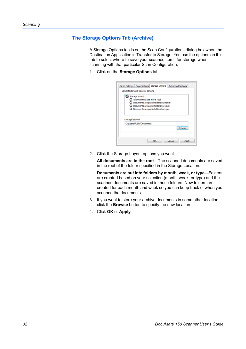 The storage options tab (archive) | Xerox 150 User Manual | Page 37 / 94