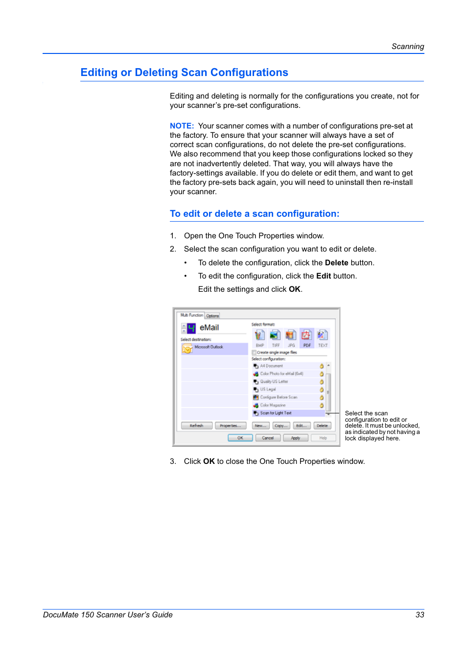 Editing or deleting scan configurations | Xerox 150 User Manual | Page 38 / 94