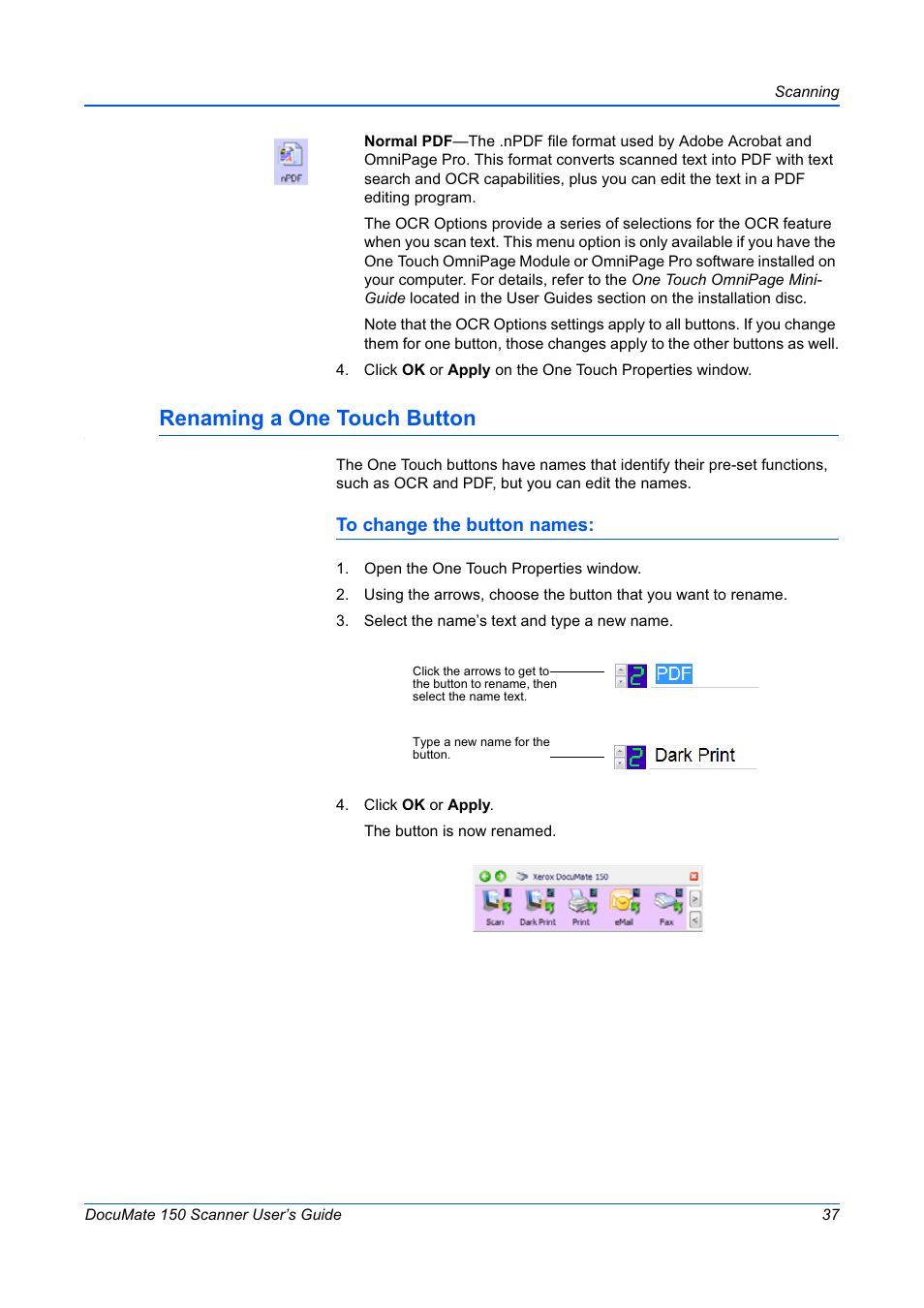 Renaming a one touch button | Xerox 150 User Manual | Page 42 / 94