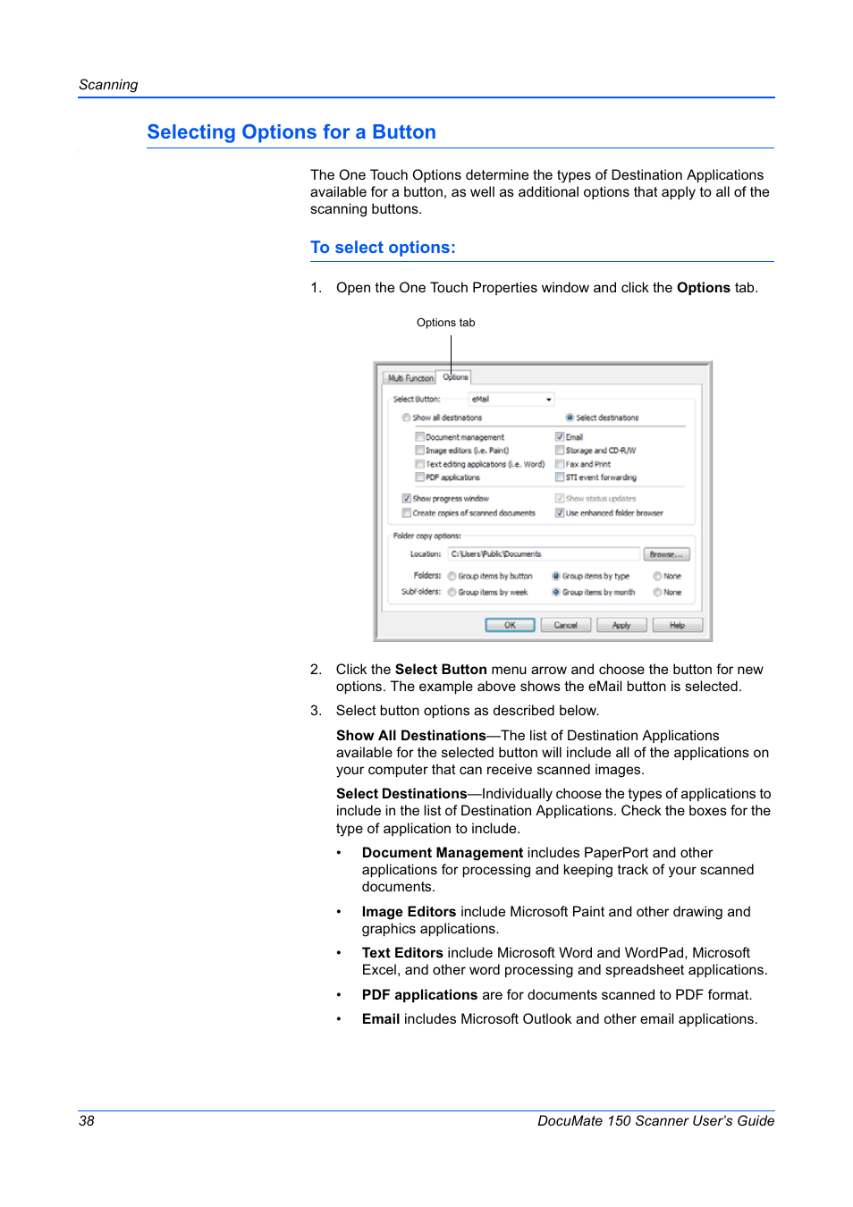 Selecting options for a button | Xerox 150 User Manual | Page 43 / 94