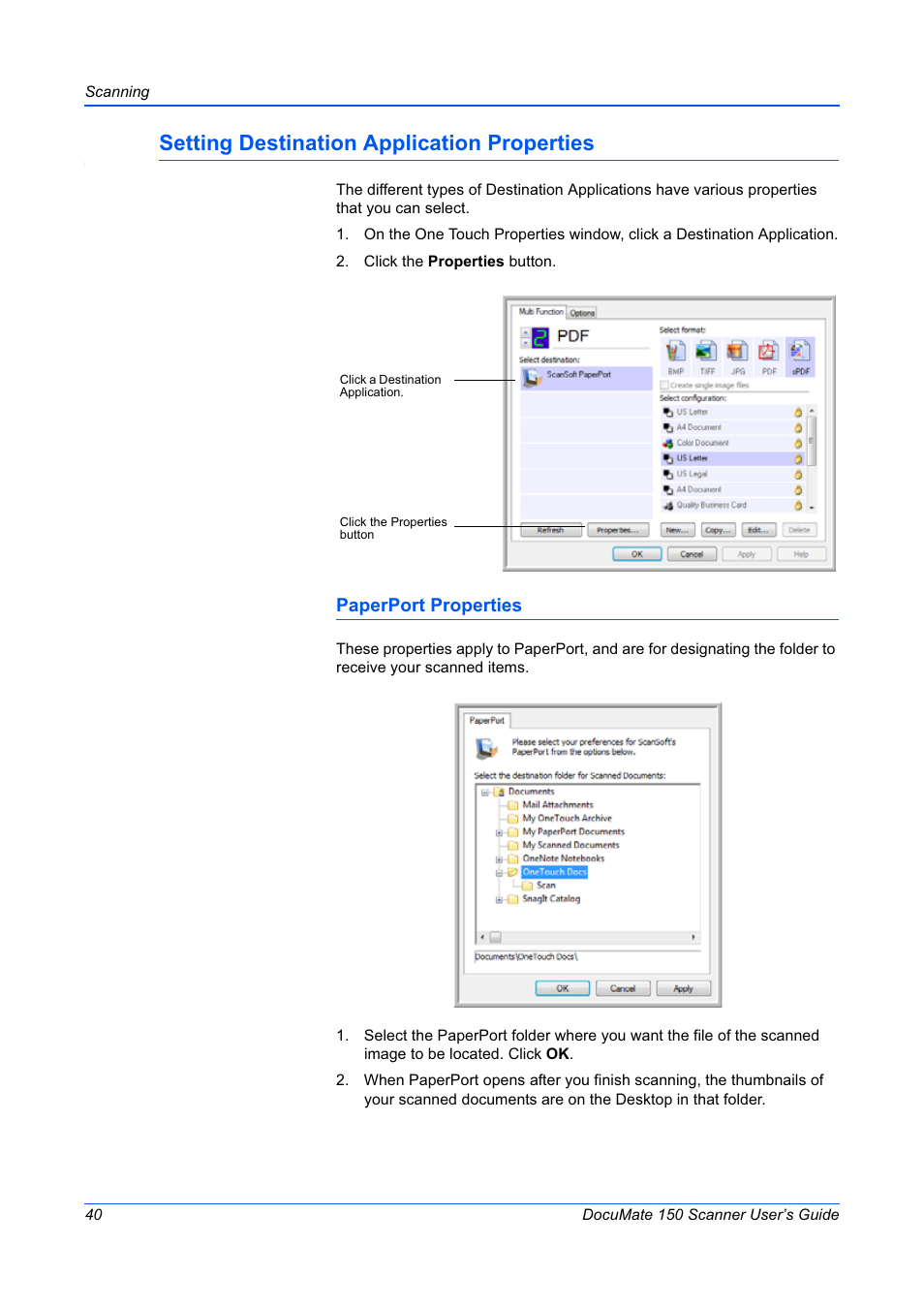 Setting destination application properties, Paperport properties | Xerox 150 User Manual | Page 45 / 94