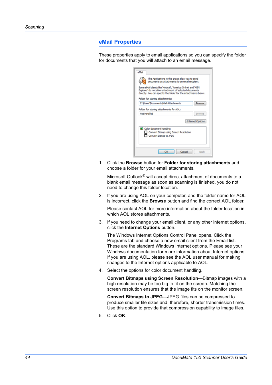 Email properties | Xerox 150 User Manual | Page 49 / 94