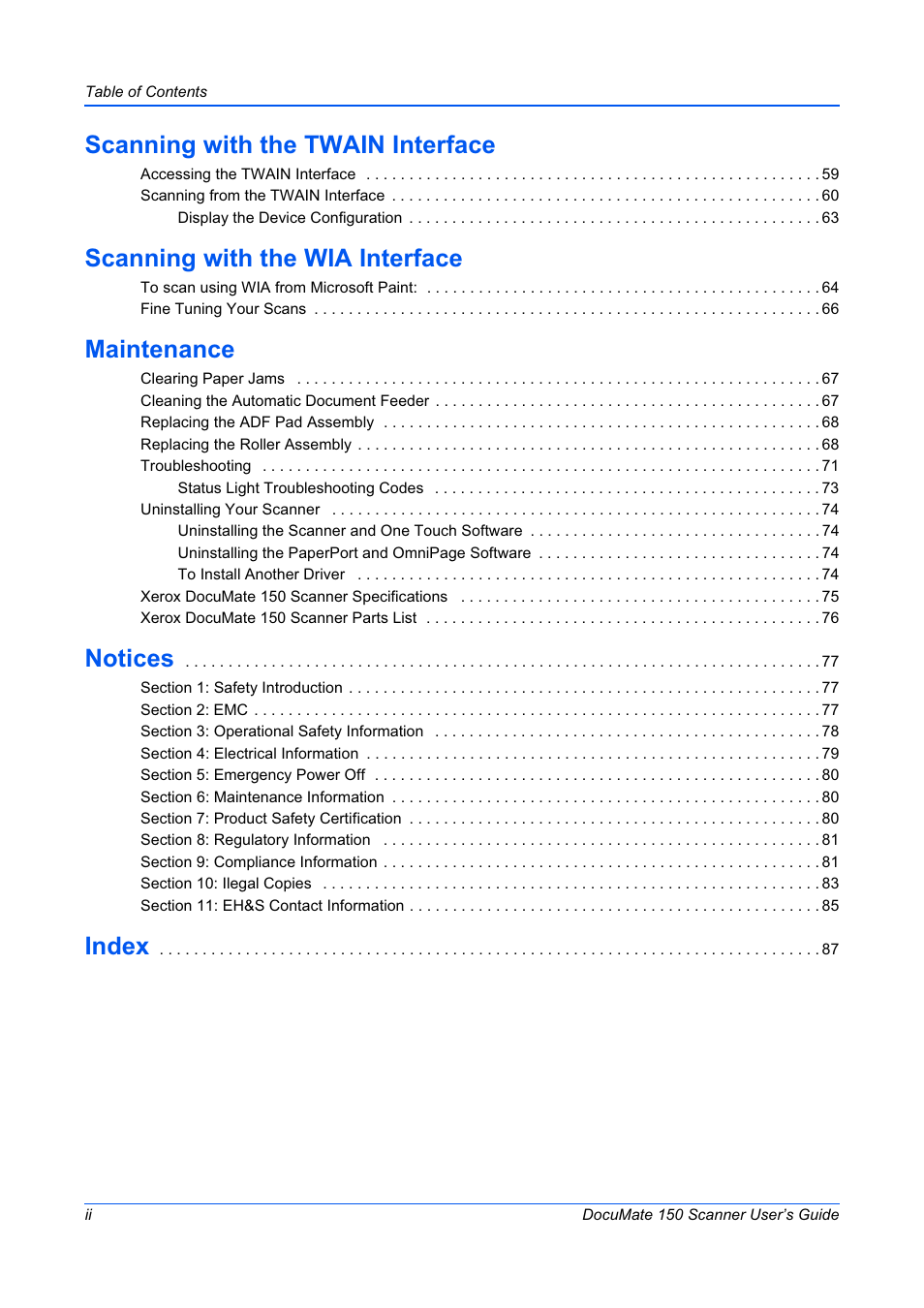 Scanning with the twain interface, Scanning with the wia interface, Maintenance | Notices, Index | Xerox 150 User Manual | Page 5 / 94