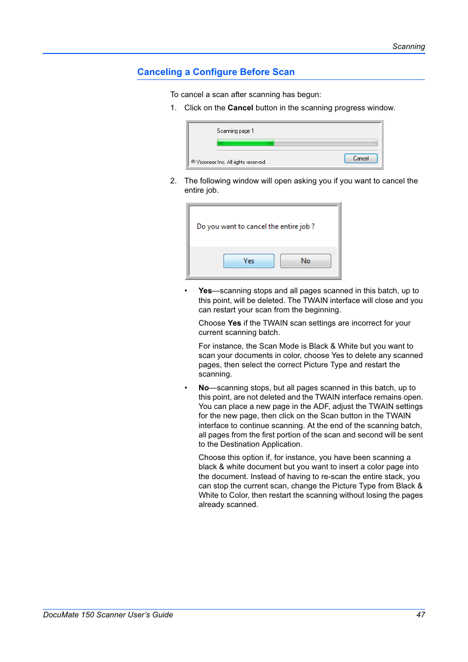 Canceling a configure before scan | Xerox 150 User Manual | Page 52 / 94