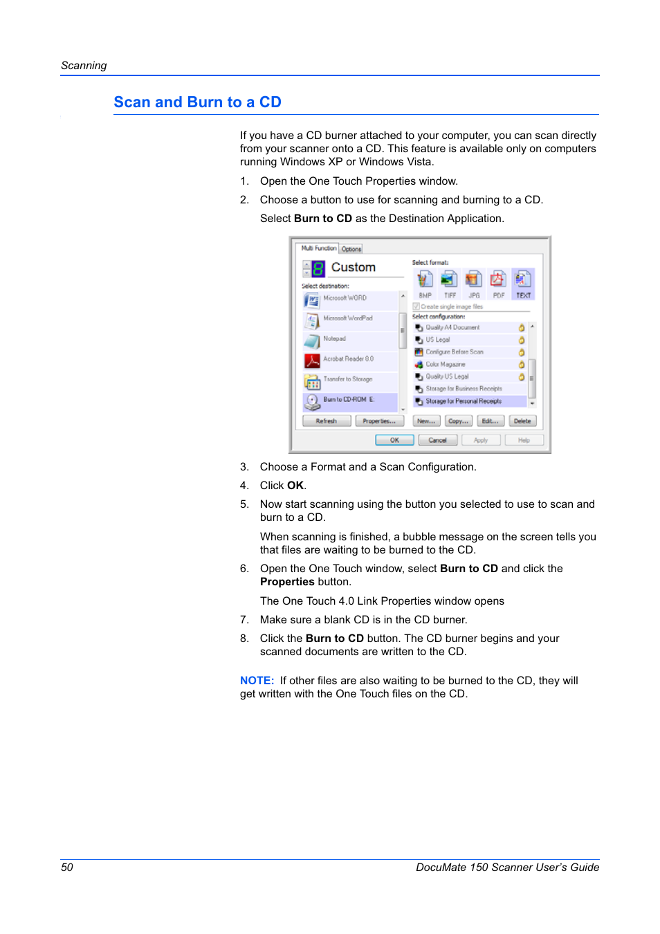 Scan and burn to a cd | Xerox 150 User Manual | Page 55 / 94