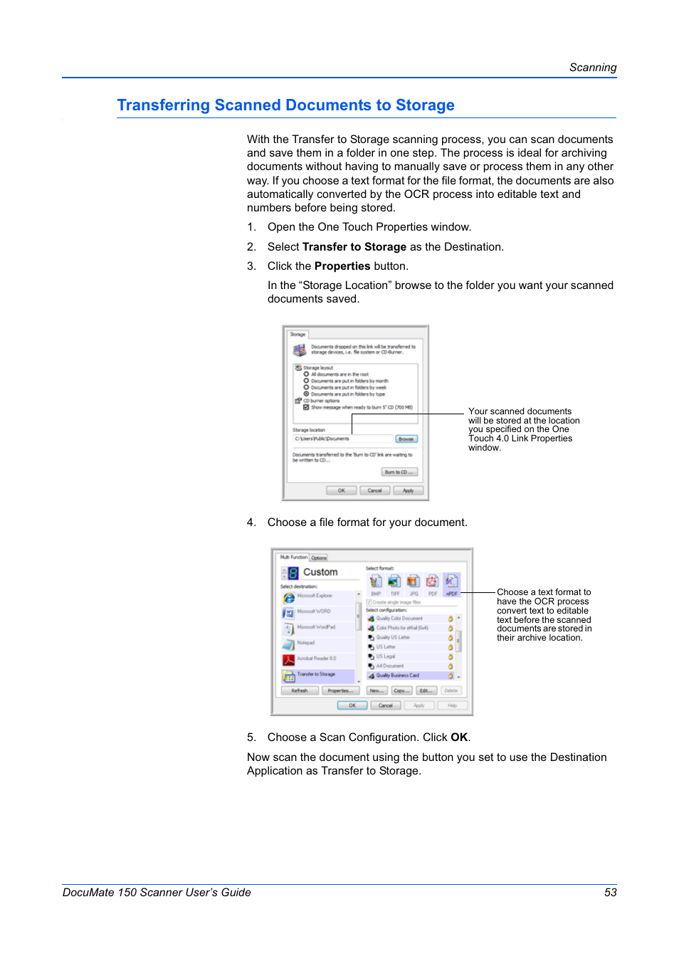 Transferring scanned documents to storage | Xerox 150 User Manual | Page 58 / 94