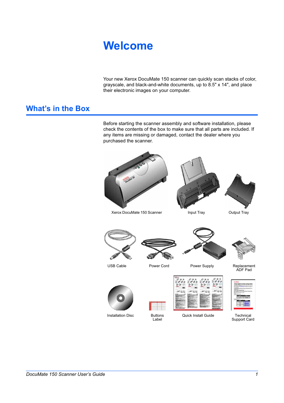 Welcome, What’s in the box | Xerox 150 User Manual | Page 6 / 94