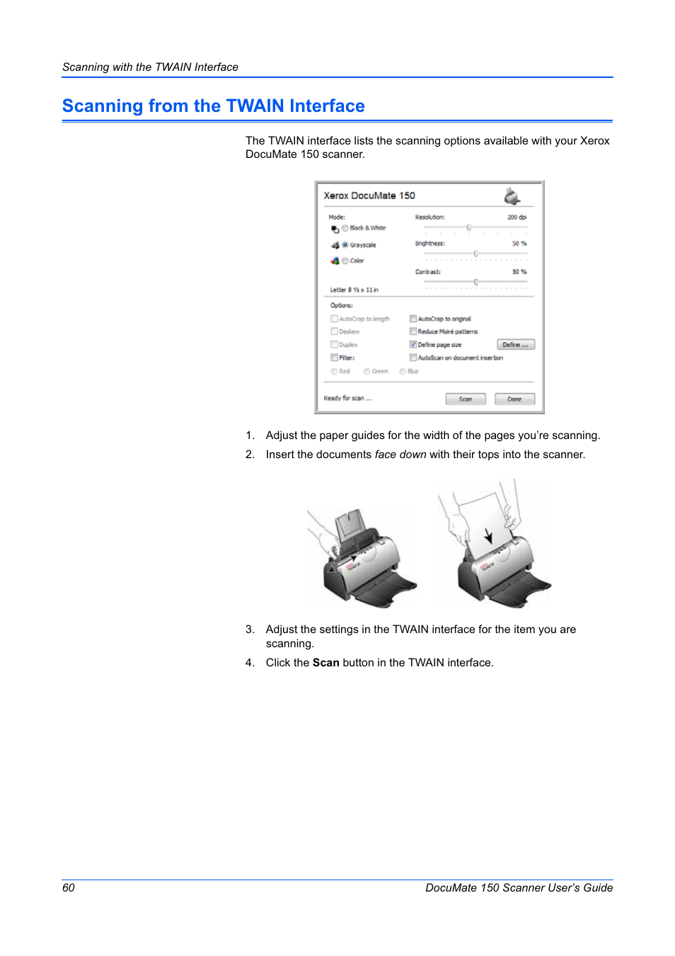 Scanning from the twain interface | Xerox 150 User Manual | Page 65 / 94