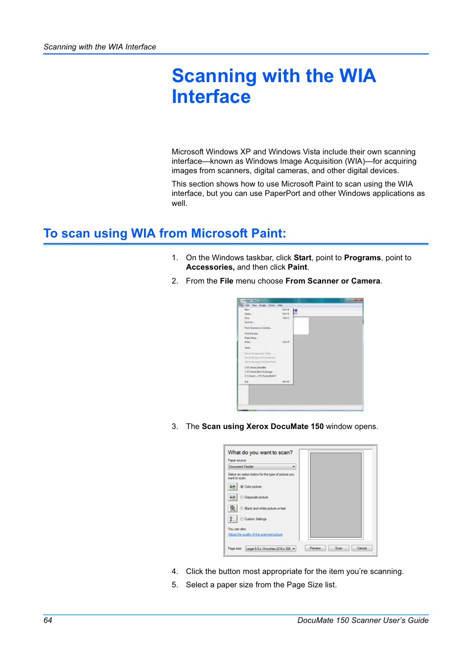 Scanning with the wia interface | Xerox 150 User Manual | Page 69 / 94