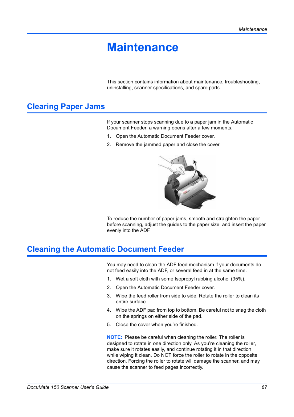 Maintenance, Clearing paper jams, Cleaning the automatic document feeder | Xerox 150 User Manual | Page 72 / 94