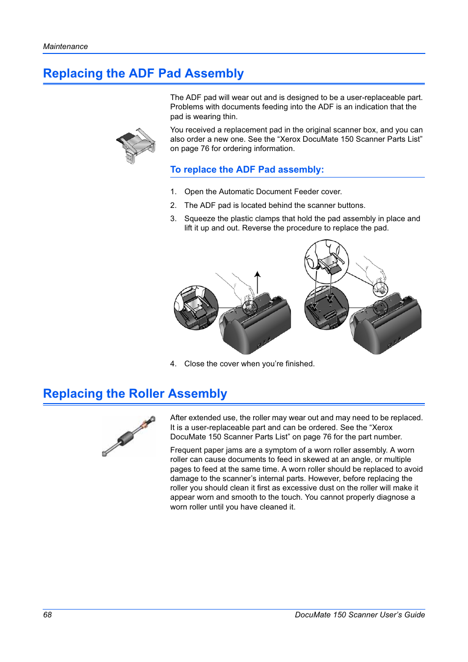 Replacing the adf pad assembly, Replacing the roller assembly | Xerox 150 User Manual | Page 73 / 94