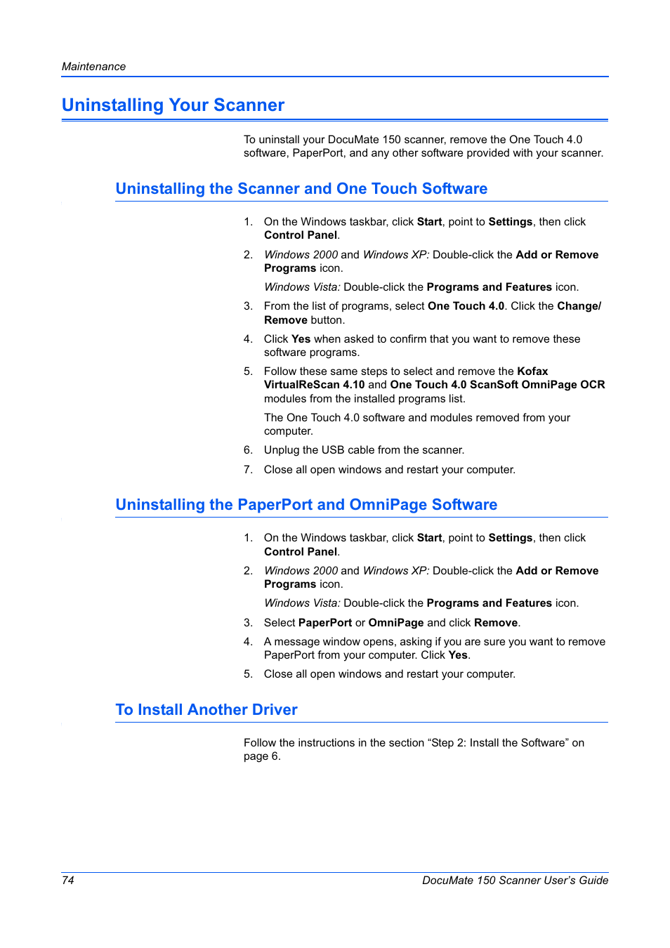 Uninstalling your scanner, Uninstalling the scanner and one touch software, Uninstalling the paperport and omnipage software | Xerox 150 User Manual | Page 79 / 94