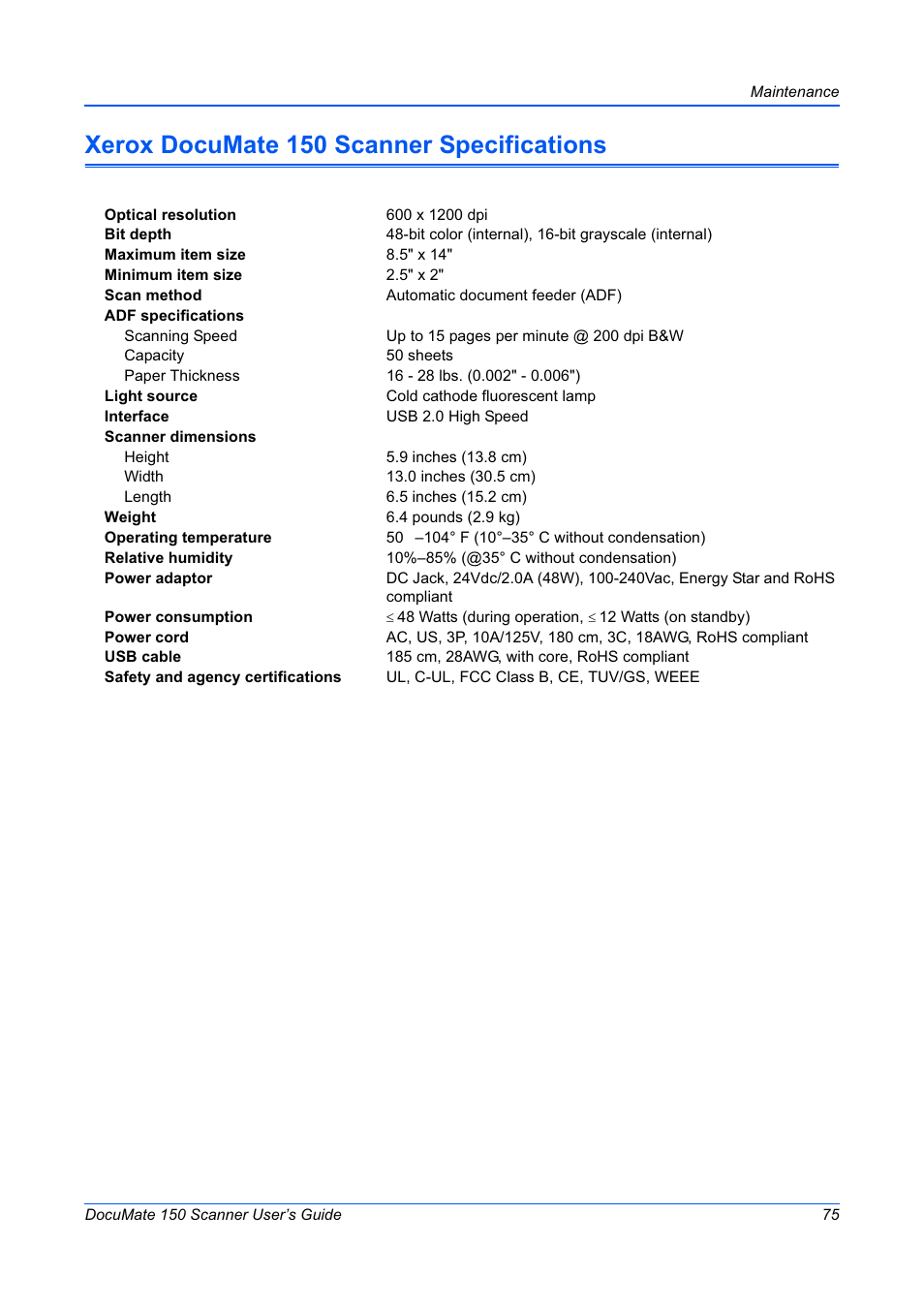 Xerox documate 150 scanner specifications | Xerox 150 User Manual | Page 80 / 94