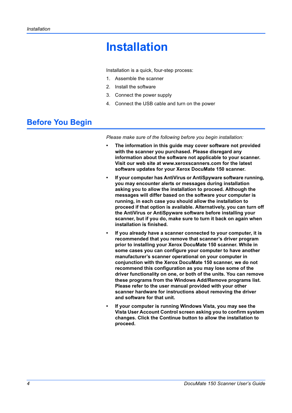 Installation, Before you begin | Xerox 150 User Manual | Page 9 / 94