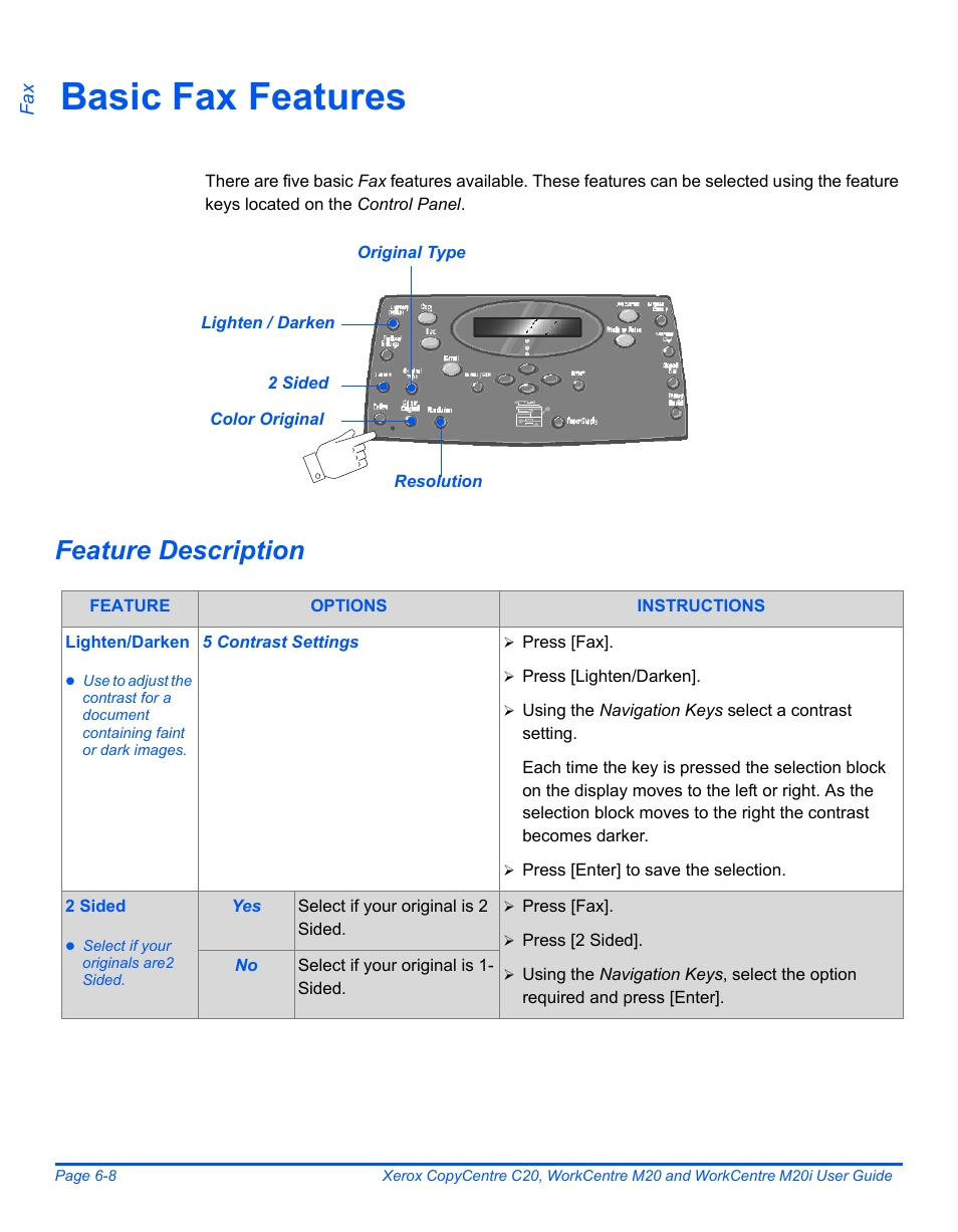 Basic fax features, Feature description, Basic fax features -8 | Xerox COPYCENTRE M20I User Manual | Page 104 / 215