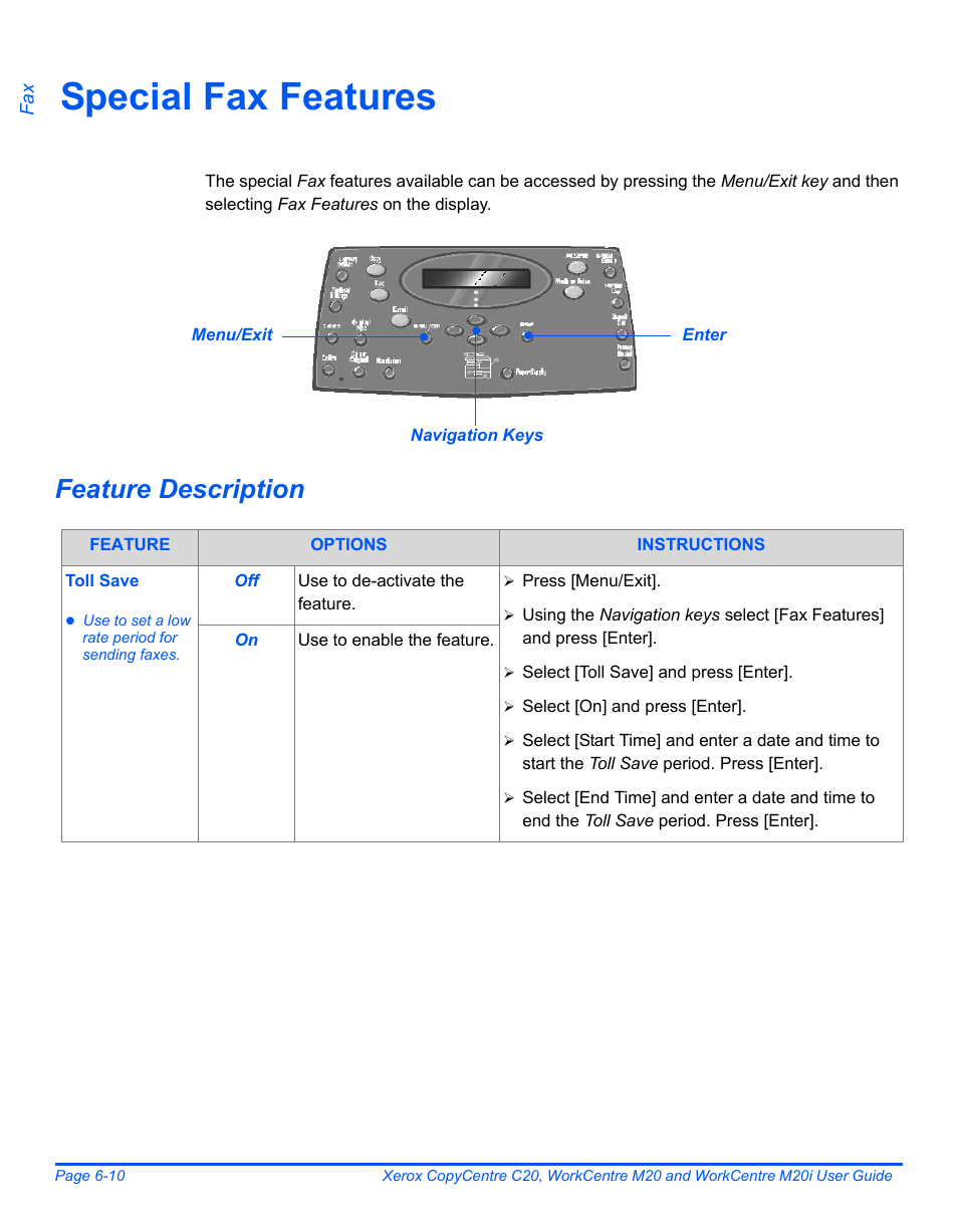 Special fax features, Feature description, Special fax features -10 | Xerox COPYCENTRE M20I User Manual | Page 106 / 215