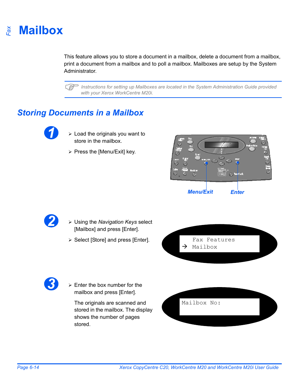 Mailbox, Storing documents in a mailbox, Mailbox -14 | Xerox COPYCENTRE M20I User Manual | Page 110 / 215