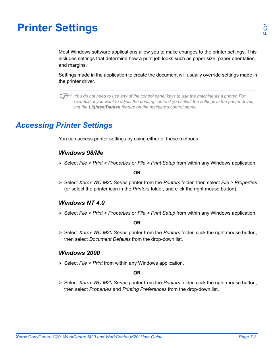 Printer settings, Accessing printer settings, Printer settings -3 | Xerox COPYCENTRE M20I User Manual | Page 123 / 215