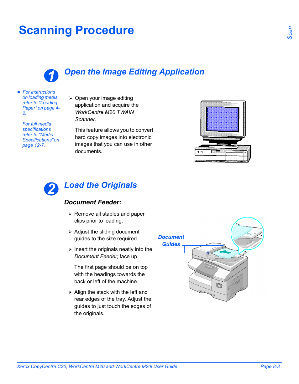 Scanning procedure, Scanning procedure -3, Open the image editing application | Load the originals | Xerox COPYCENTRE M20I User Manual | Page 137 / 215