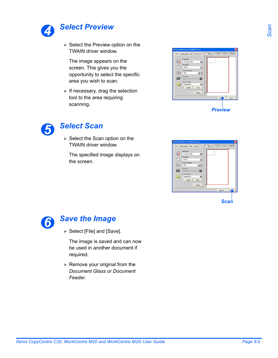 Select preview select scan save the image | Xerox COPYCENTRE M20I User Manual | Page 139 / 215