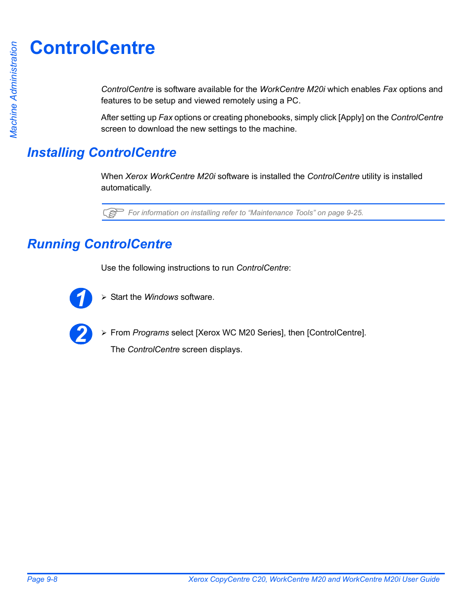 Controlcentre, Installing controlcentre, Running controlcentre | Controlcentre -8 | Xerox COPYCENTRE M20I User Manual | Page 148 / 215