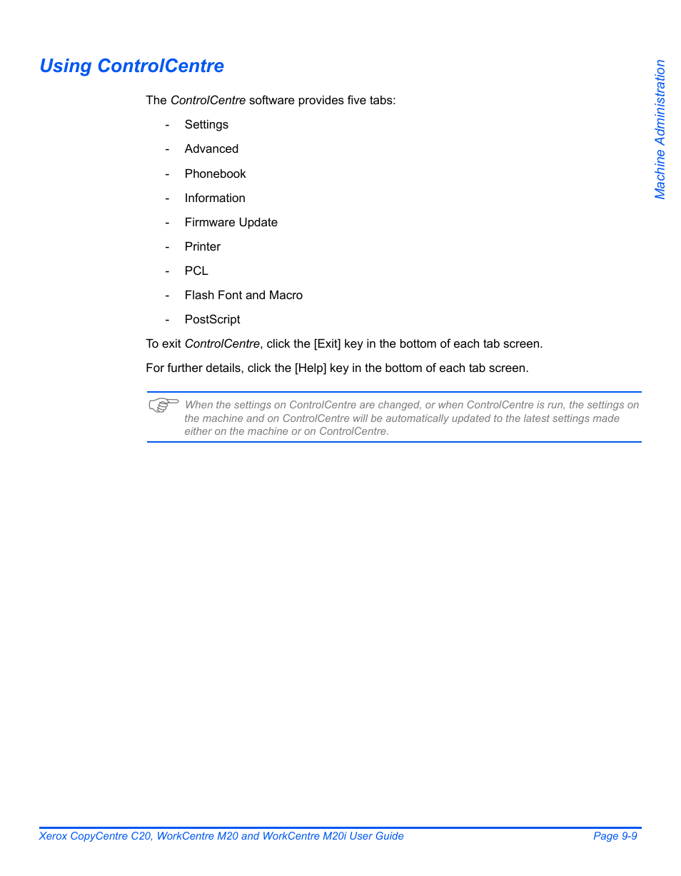 Using controlcentre | Xerox COPYCENTRE M20I User Manual | Page 149 / 215