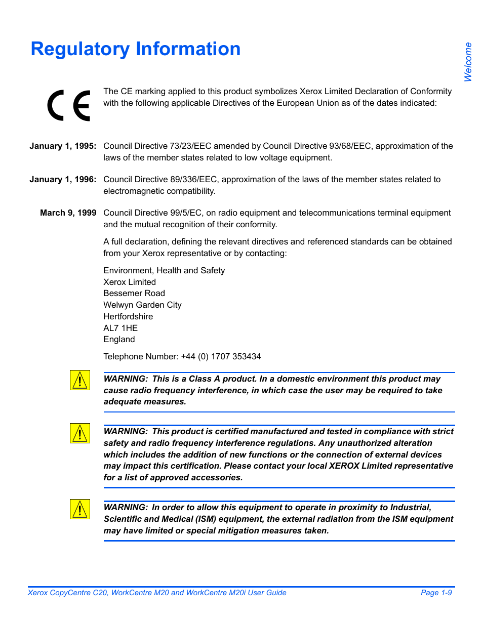 Regulatory information, Regulatory information -9 | Xerox COPYCENTRE M20I User Manual | Page 15 / 215