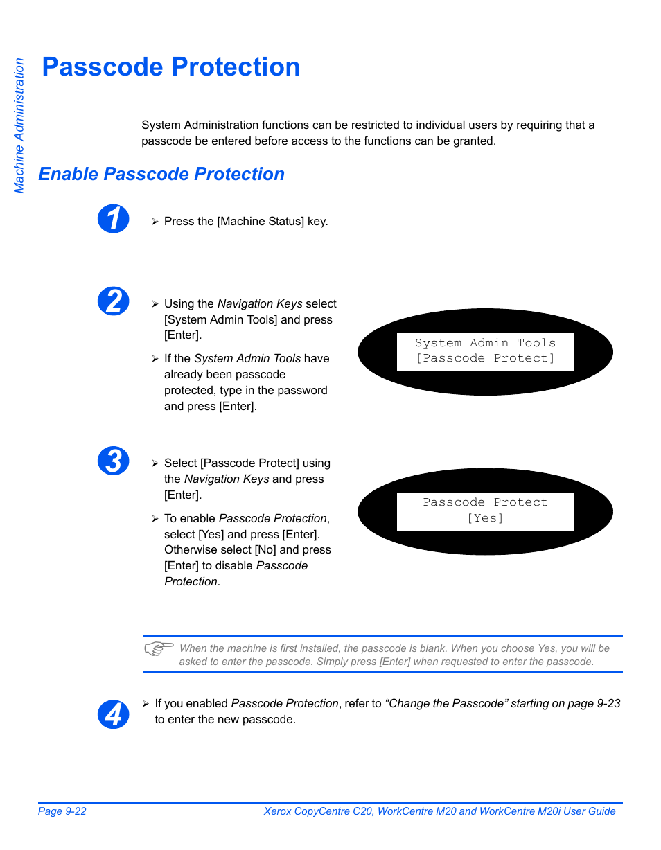 Passcode protection, Enable passcode protection, Passcode protection -22 | Xerox COPYCENTRE M20I User Manual | Page 162 / 215