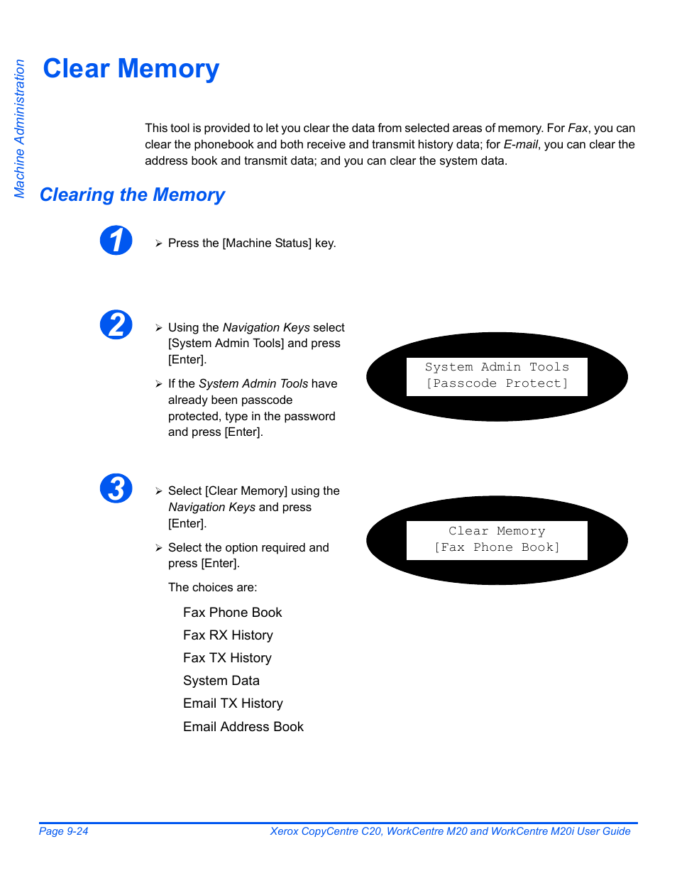 Clear memory, Clearing the memory, Clear memory -24 | Xerox COPYCENTRE M20I User Manual | Page 164 / 215