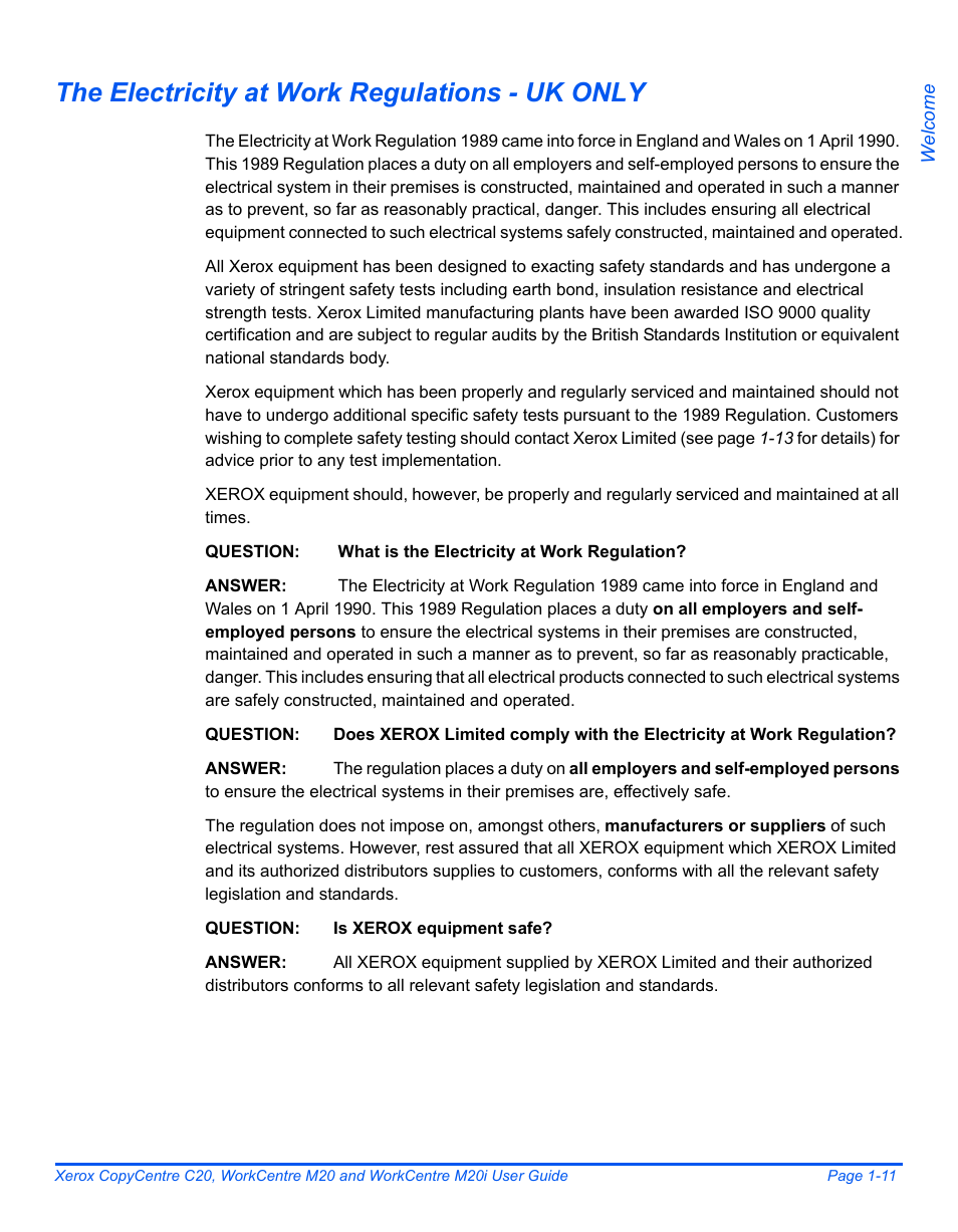 The electricity at work regulations - uk only | Xerox COPYCENTRE M20I User Manual | Page 17 / 215