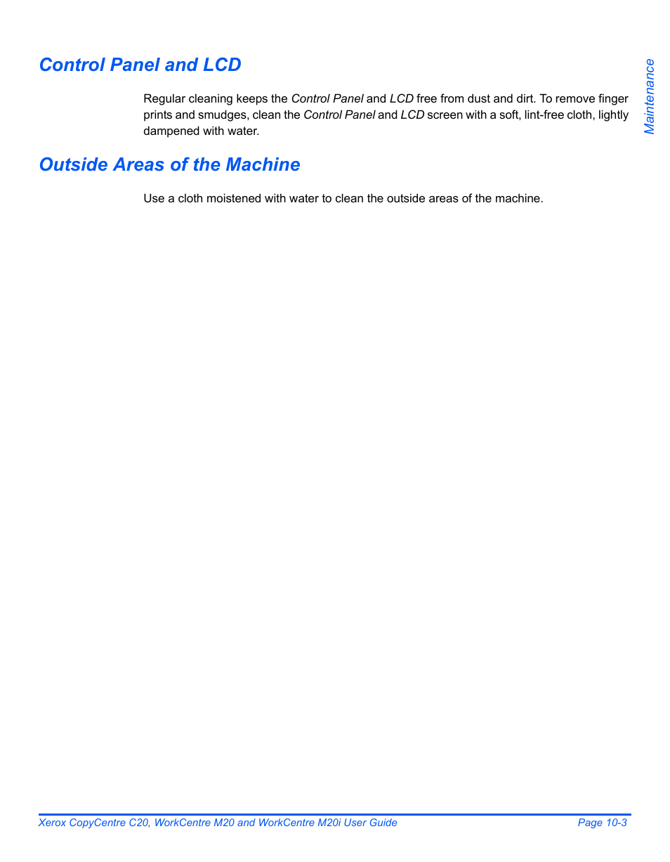 Control panel and lcd, Outside areas of the machine | Xerox COPYCENTRE M20I User Manual | Page 175 / 215