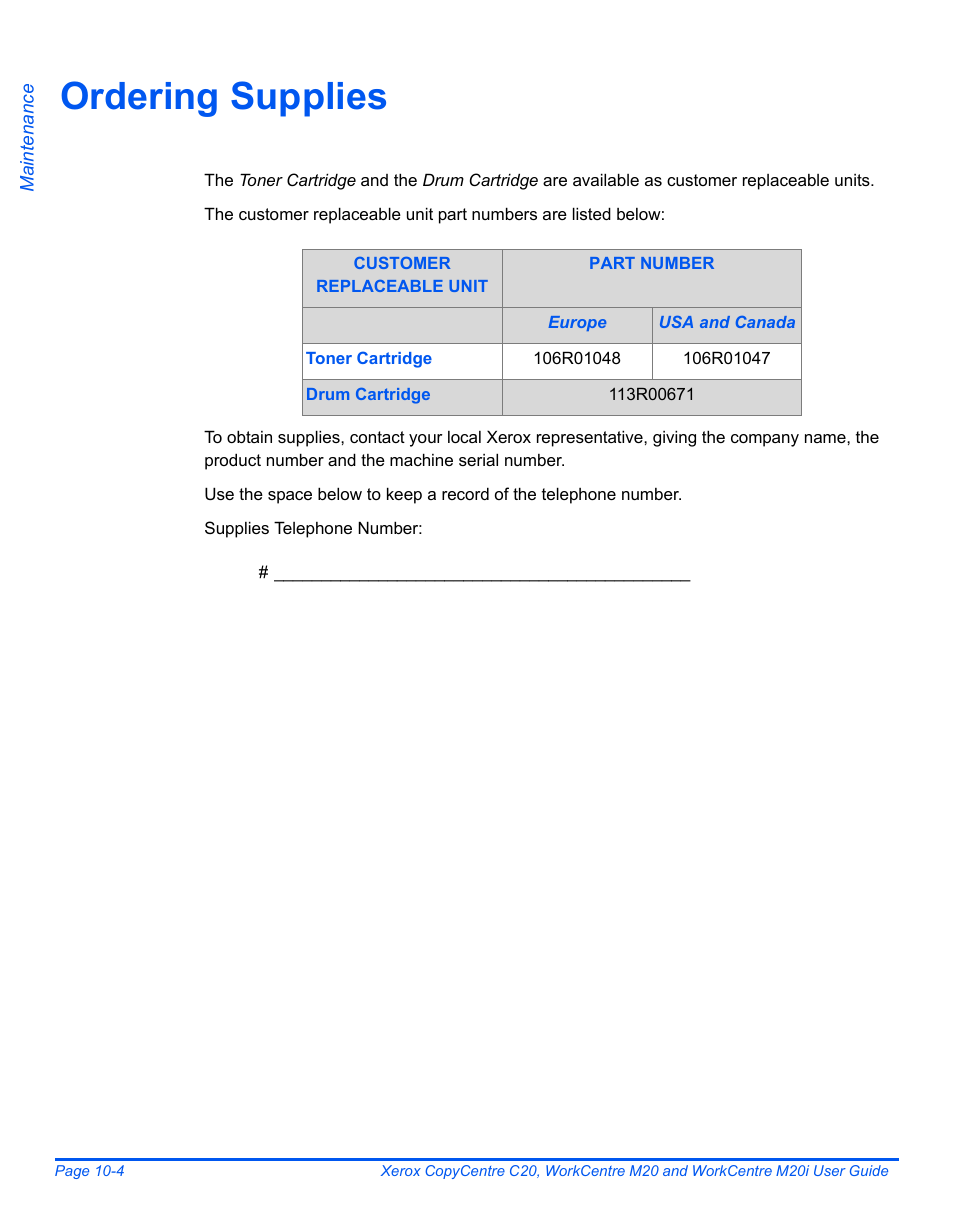 Ordering supplies, Ordering supplies -4 | Xerox COPYCENTRE M20I User Manual | Page 176 / 215