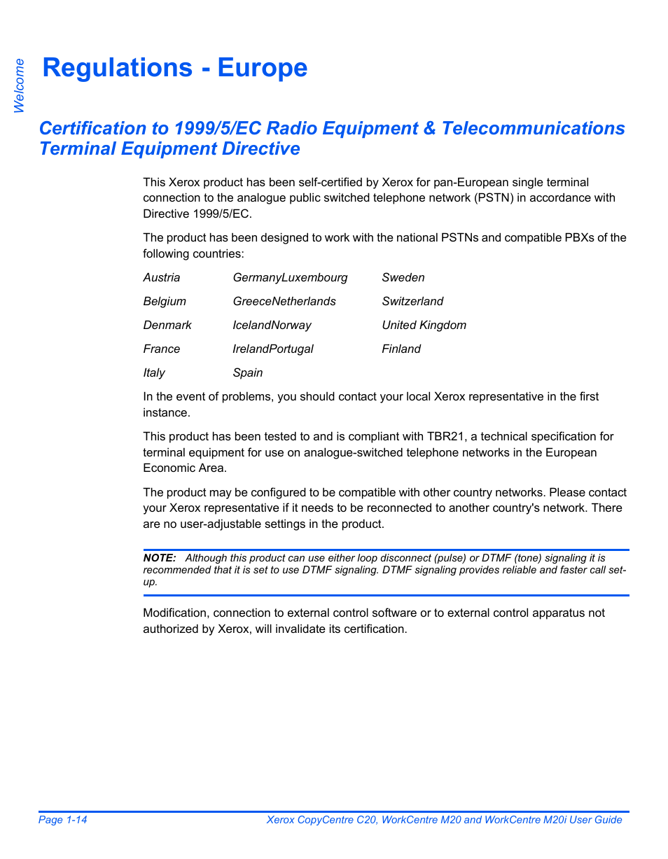 Regulations - europe, Regulations - europe -14 | Xerox COPYCENTRE M20I User Manual | Page 20 / 215