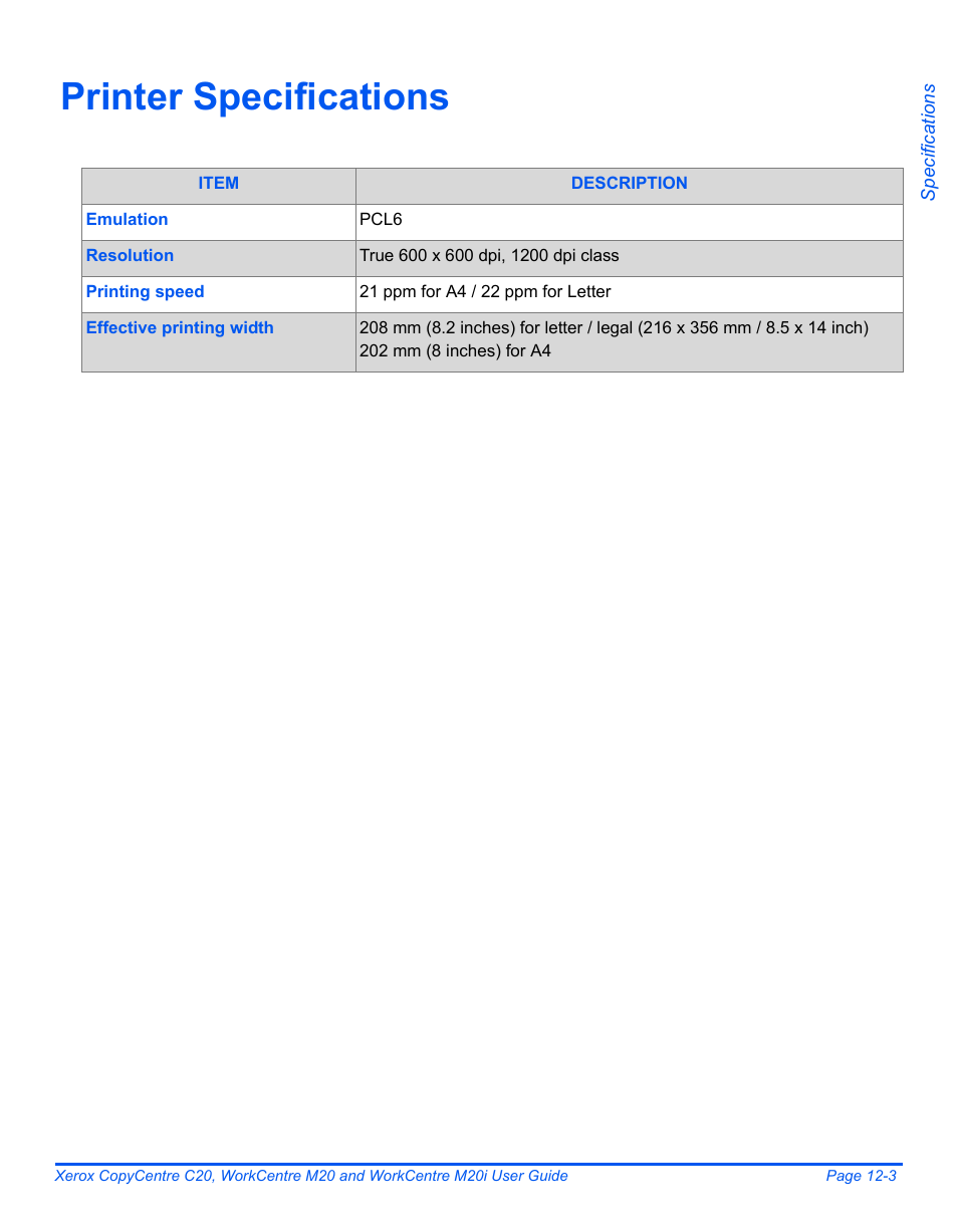 Printer specifications, Printer specifications -3 | Xerox COPYCENTRE M20I User Manual | Page 205 / 215