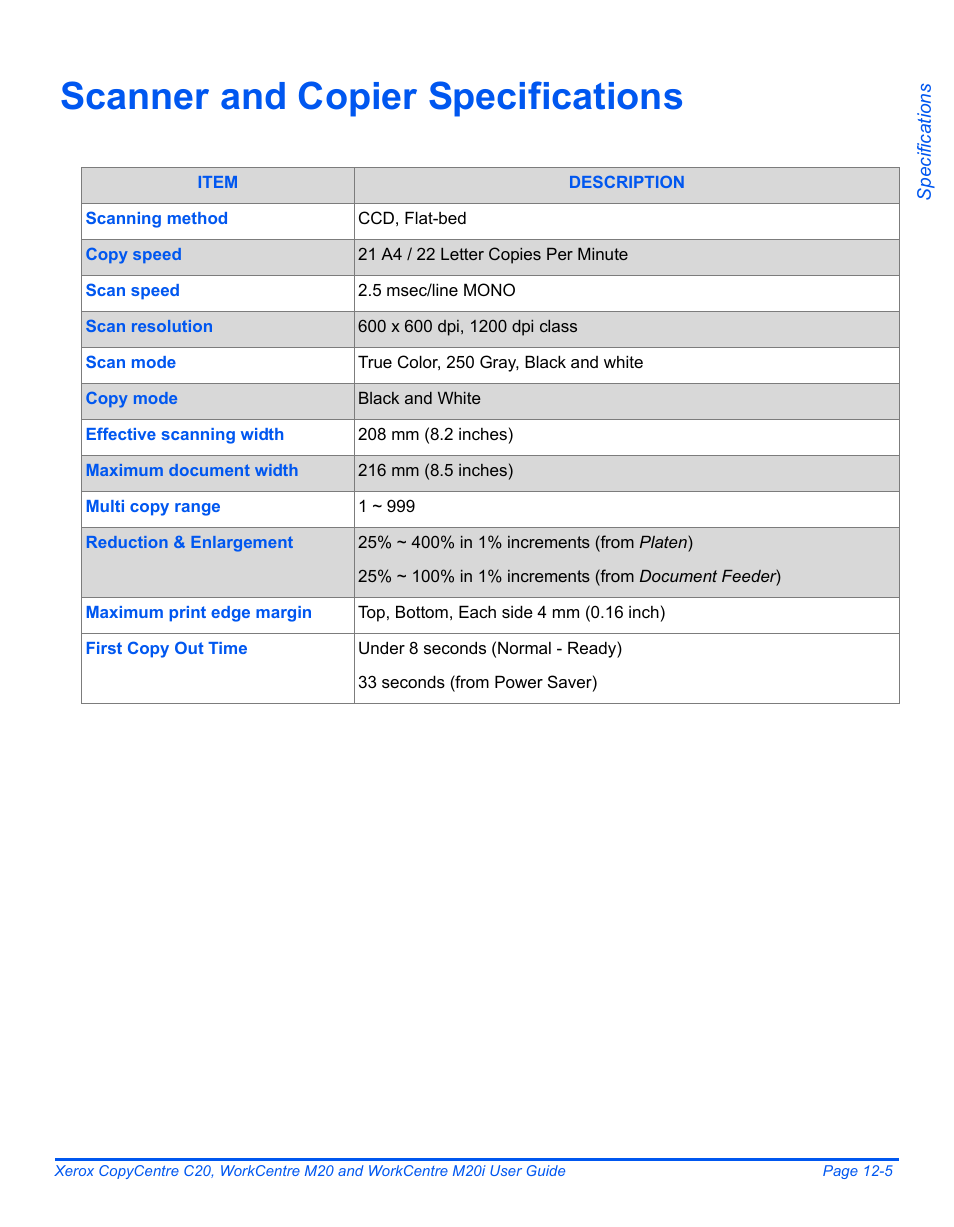 Scanner and copier specifications, Scanner and copier specifications -5 | Xerox COPYCENTRE M20I User Manual | Page 207 / 215