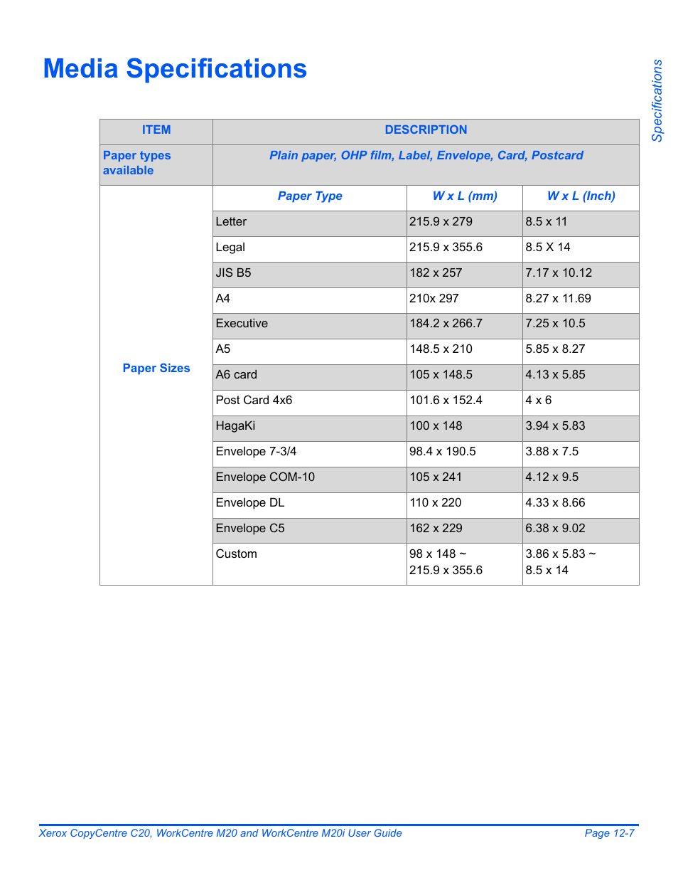 Media specifications, Media specifications -7 | Xerox COPYCENTRE M20I User Manual | Page 209 / 215